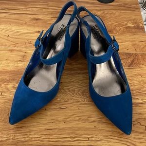 Blue suede block heels
